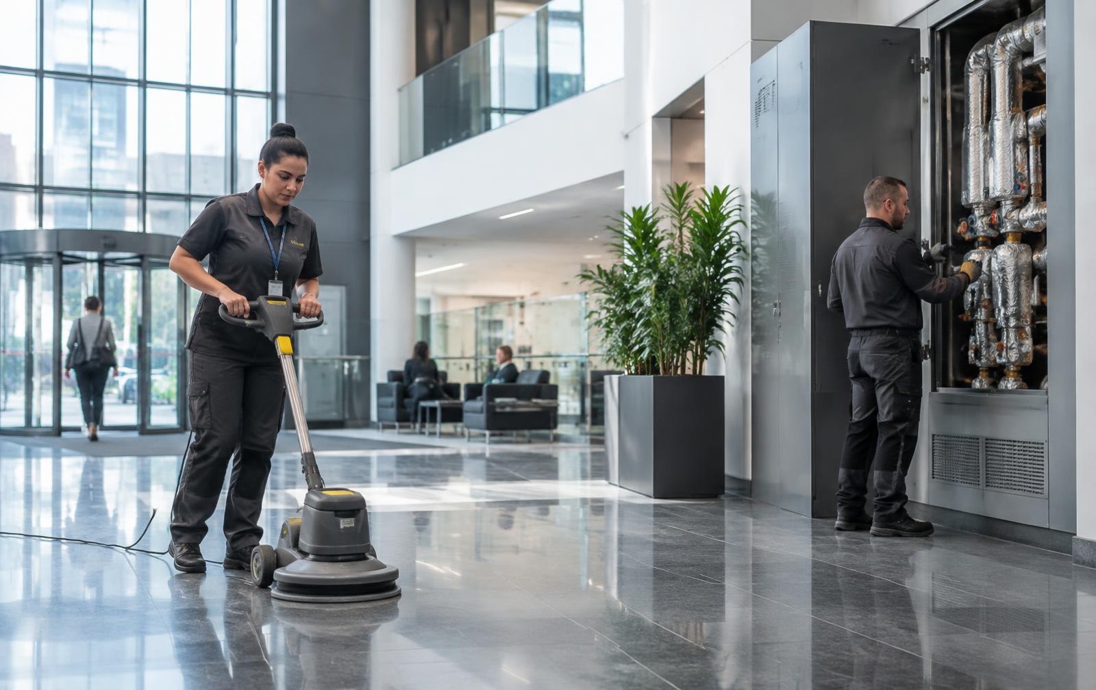 Cleaning operative and maintenance engineer working in the atrium of a modern commercial building